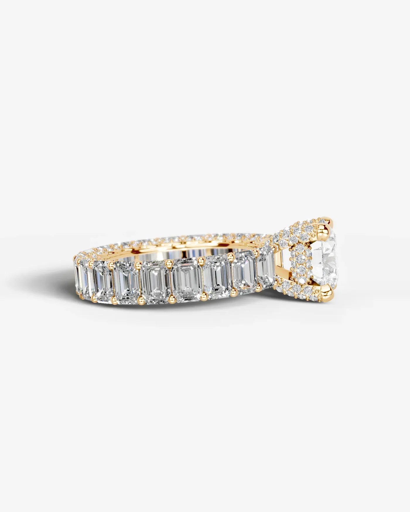 Round Cut Lab Diamond Engagement Ring with Emerald cut eternity band and Hidden halo| D VS1