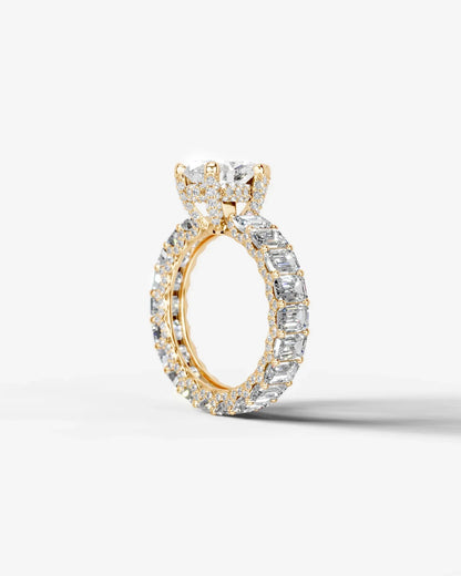 Pear Cut Lab Diamond Engagement Ring with Emerald cut eternity band and Hidden halo| D VS1