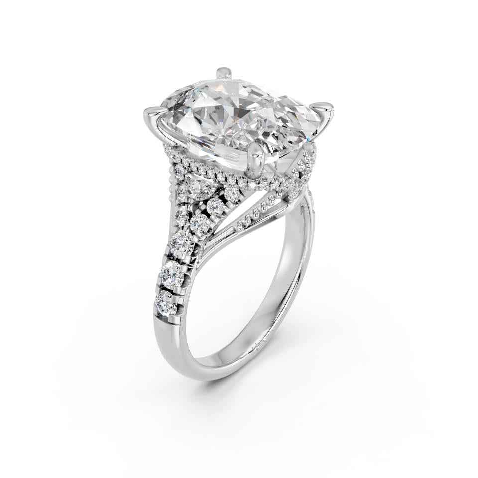 CUSHION CROWN RING WITH HIDDEN HALO AND PAVE BAND