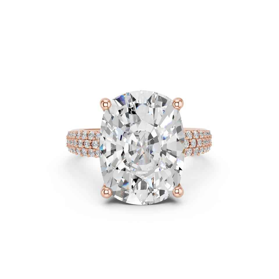 CUSHION RING WITH HIDDEN HALO AND PAVE BAND