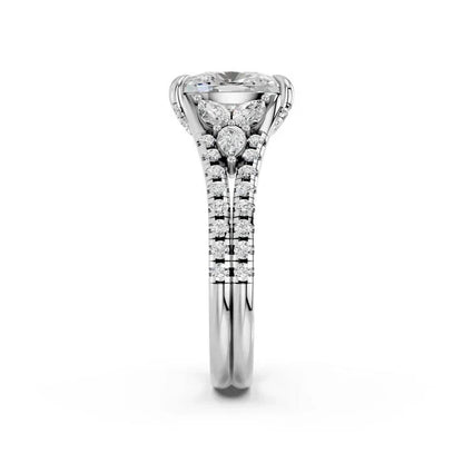 CUSHION RING WITH HIDDEN HALO AND PAVE BAND
