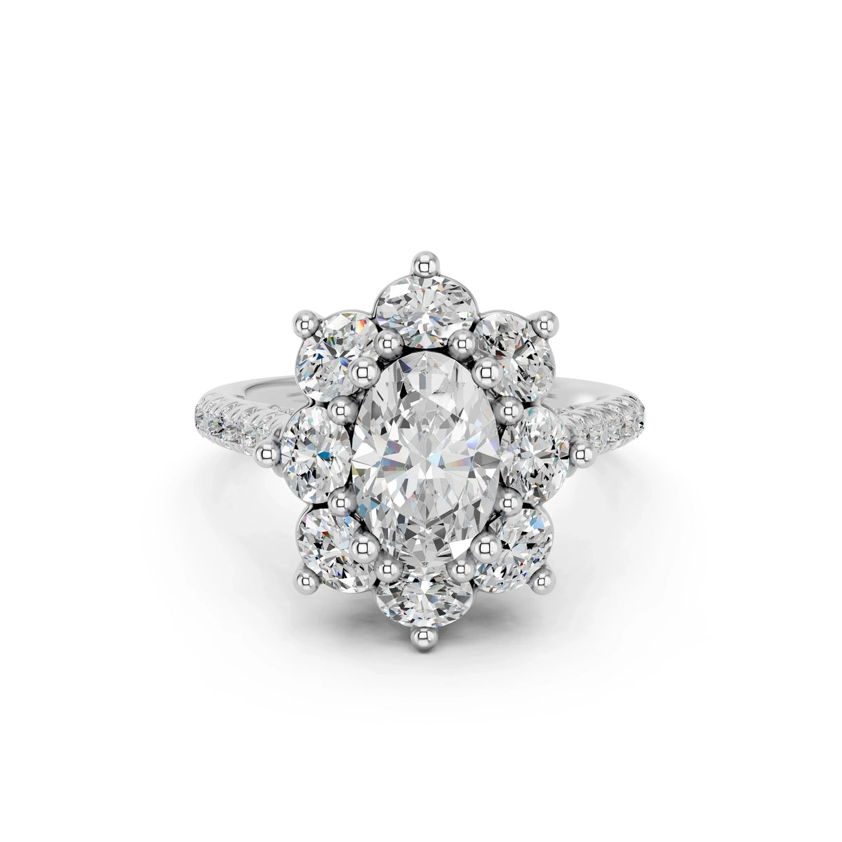 OVAL CLUSTER HALO RING WITH PAVE AND HIDDEN HALO