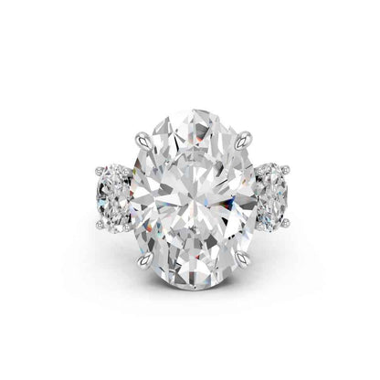 OVAL THREE STONE RING WITH HIDDEN HALO AND PAVE BAND