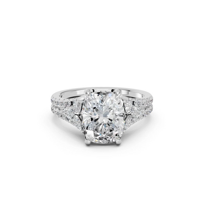 CUSHION RING WITH HIDDEN HALO AND PAVE BAND
