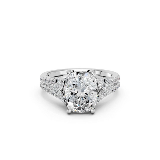 CUSHION RING WITH HIDDEN HALO AND PAVE BAND