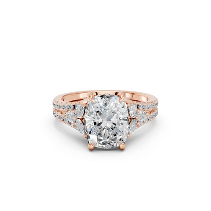 CUSHION RING WITH HIDDEN HALO AND PAVE BAND