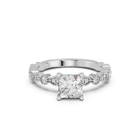 PRINCESS RING WITH MILGRAIN SIDE STONES