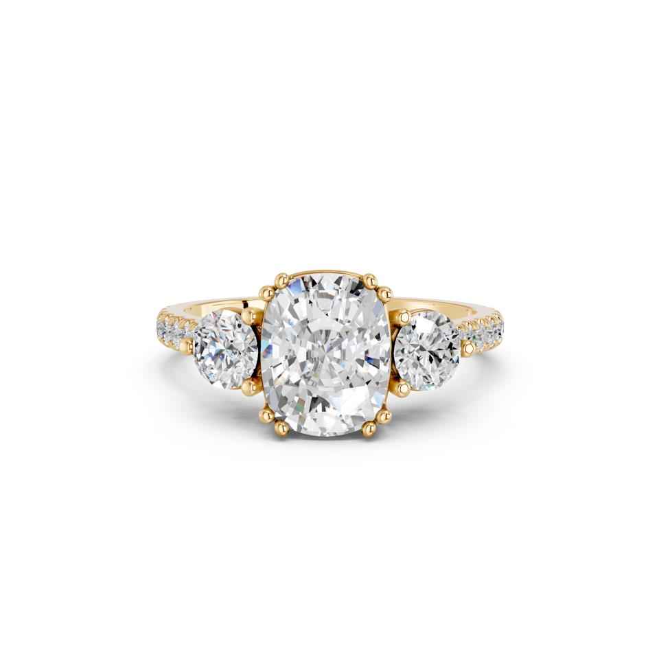 CUSHION THREE STONE WITH PAVE BAND