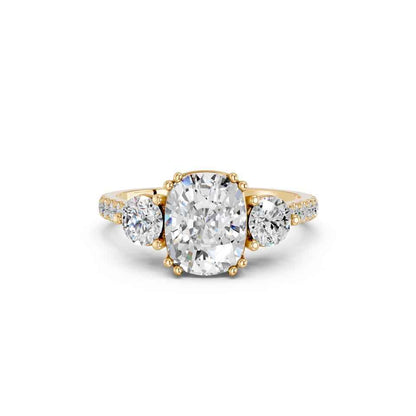 CUSHION THREE STONE WITH PAVE BAND