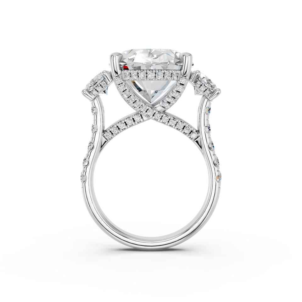OVAL THREE STONE RING WITH HIDDEN HALO AND PAVE BAND
