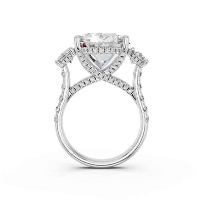 OVAL THREE STONE RING WITH HIDDEN HALO AND PAVE BAND
