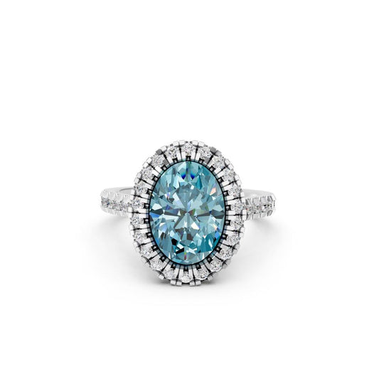 OVAL BLUE HALO RING WITH PAVE BAND