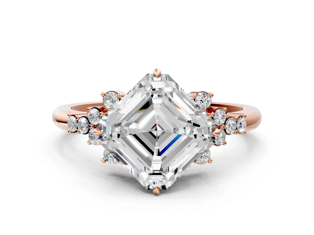Asscher Cut Lab Diamond Ring with Side Stones and Four-Prong Setting| D VS1