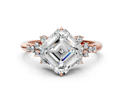 Asscher Cut Lab Diamond Ring with Side Stones and Four-Prong Setting| D VS1