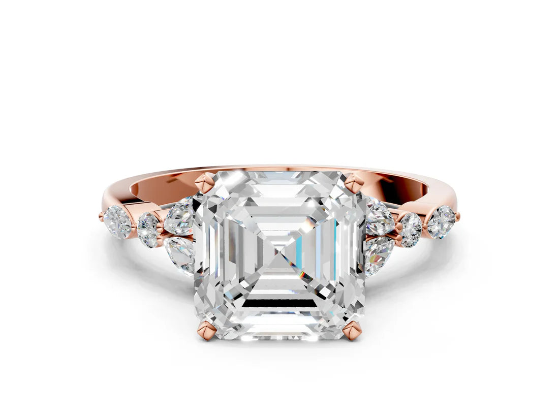 Asscher Cut Lab Diamond Solitaire Ring with Side Stones and Four-Prong Setting| D VS1