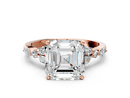 Asscher Cut Lab Diamond Solitaire Ring with Side Stones and Four-Prong Setting| D VS1