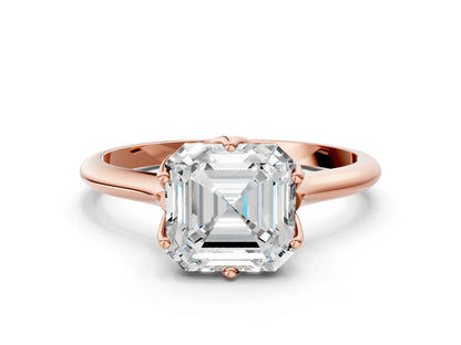 Asscher Cut Lab Diamond Solitaire Ring with Flower Prong Setting and Classic Band| D VS1