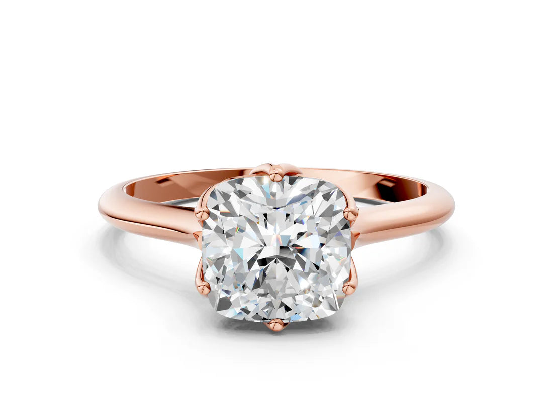 Cushion Cut Lab Diamond Solitaire Ring with Flower Prong Setting and Classic Band| D VS1