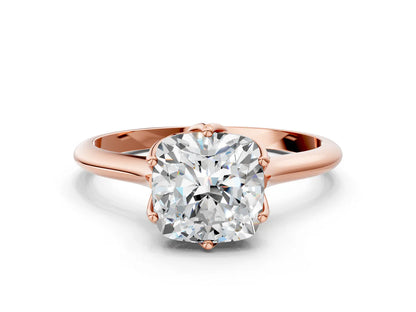 Cushion Cut Lab Diamond Solitaire Ring with Flower Prong Setting and Classic Band| D VS1