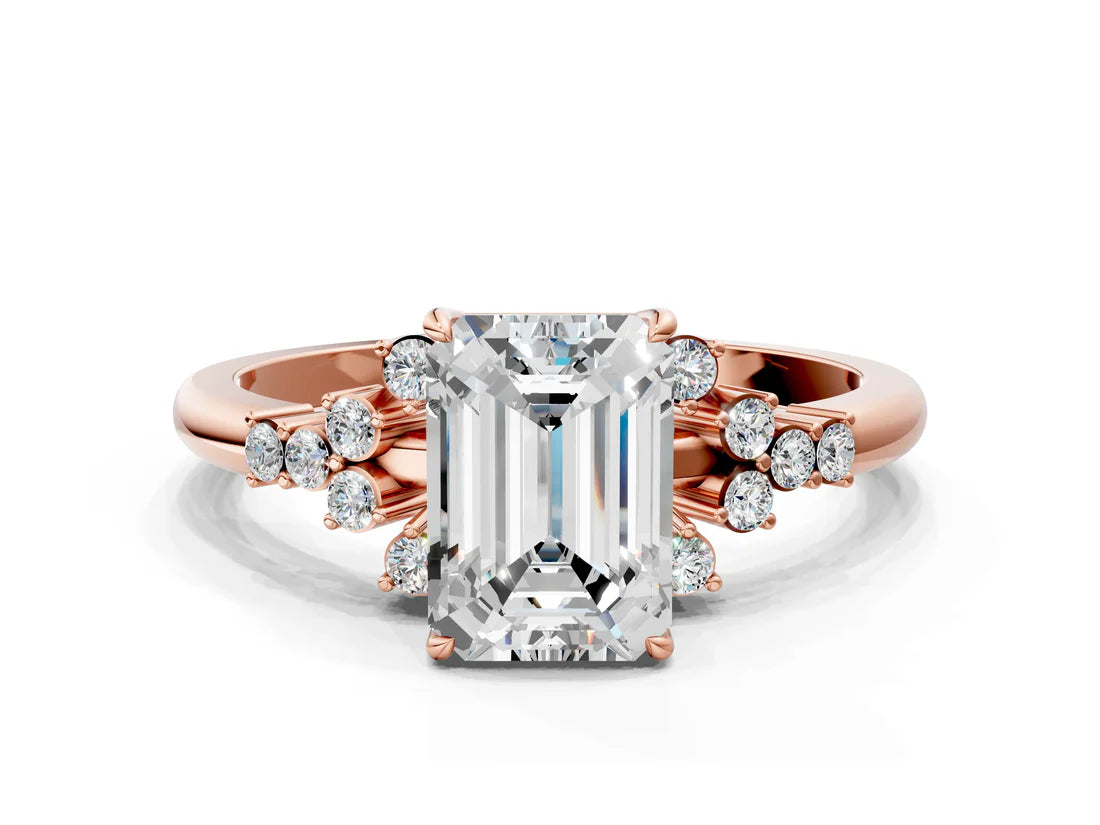 Emerald Cut Lab Diamond Ring with Side Stones and Four-Prong Setting| D VS1