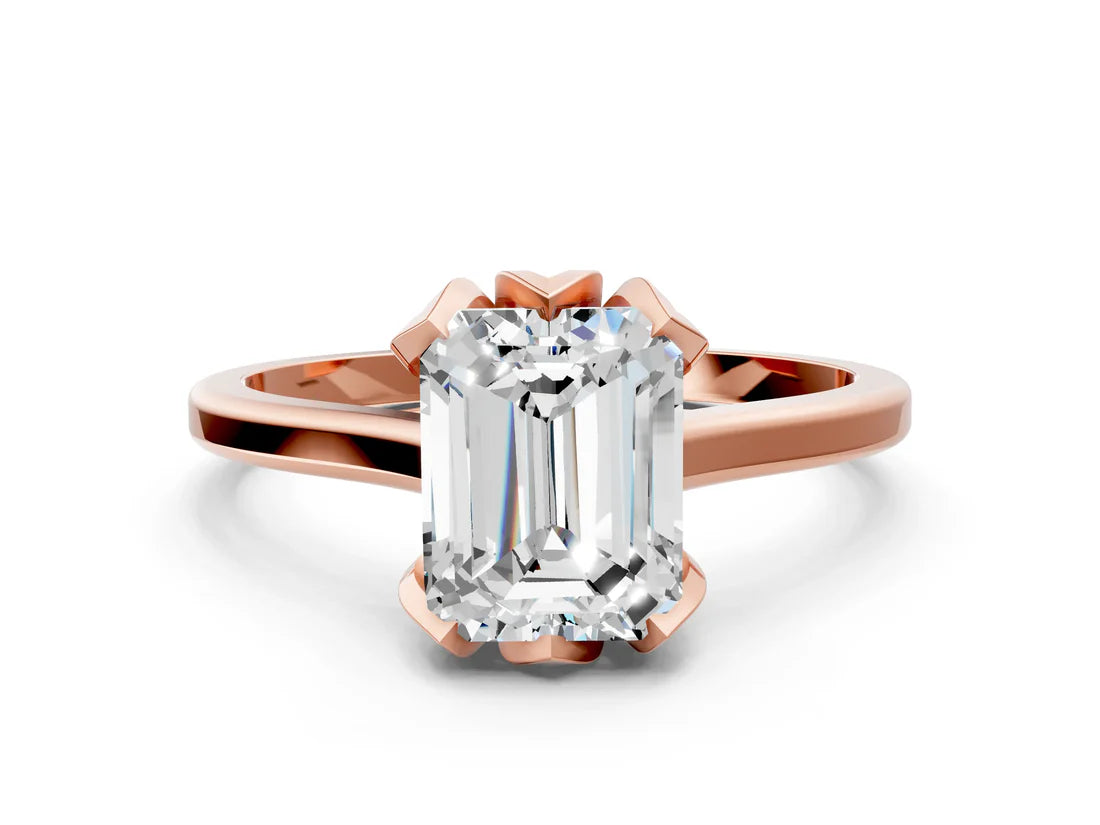 Emerald Cut Lab Diamond Solitaire Ring with Flower Prong Setting and Classic Band| D VS1