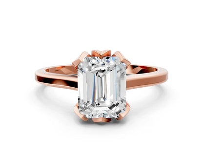 Emerald Cut Lab Diamond Solitaire Ring with Flower Prong Setting and Classic Band| D VS1