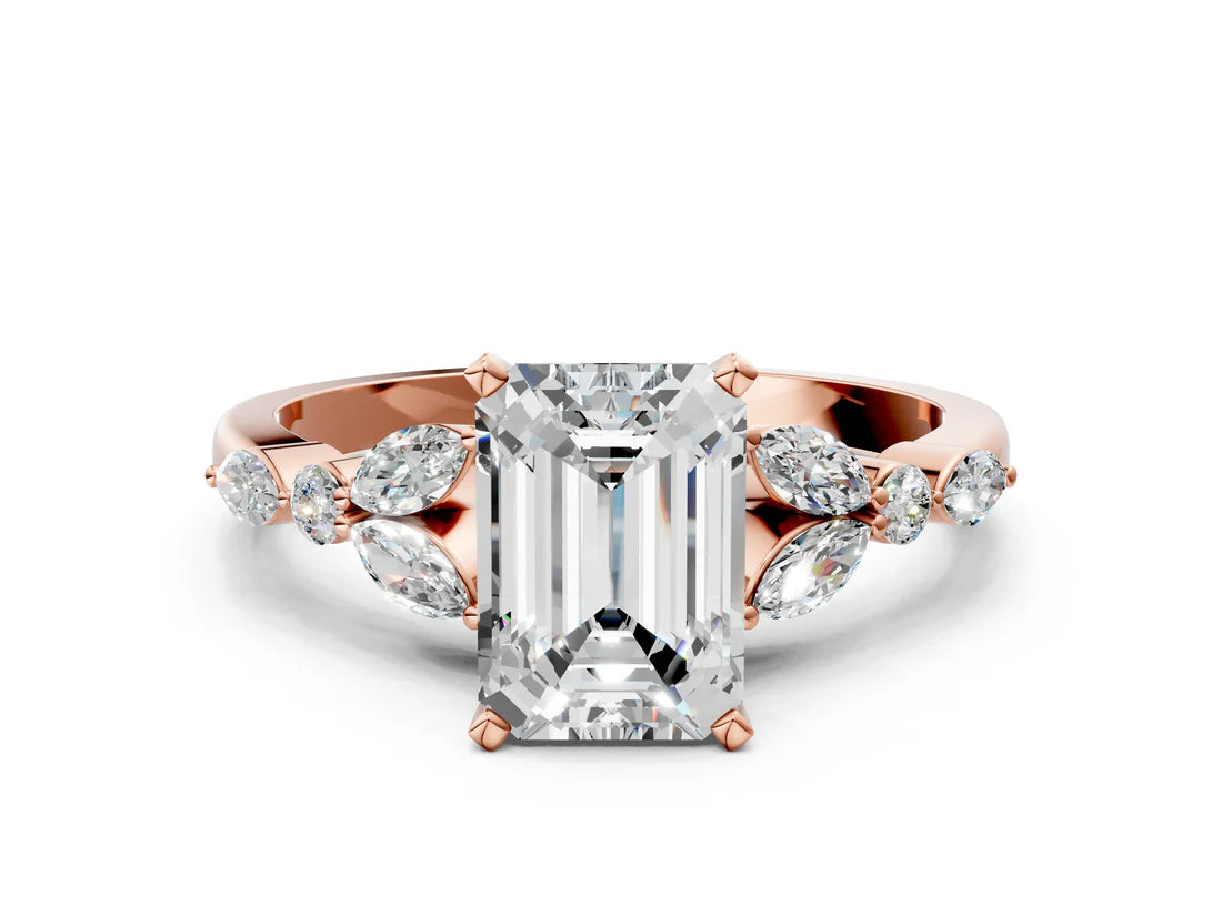 Emerald Cut Lab Diamond Solitaire Ring with Side Stones and Four-Prong Setting| D VS1