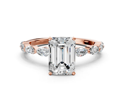 Emerald Cut Lab Diamond Ring with Marquise Side Stones and Prong Setting| D VS1