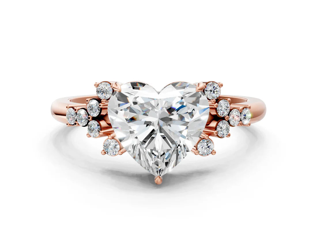 Heart Cut Lab Diamond Ring with Side Stones and Four-Prong Setting| D VS1