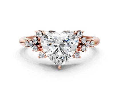 Heart Cut Lab Diamond Ring with Side Stones and Four-Prong Setting| D VS1