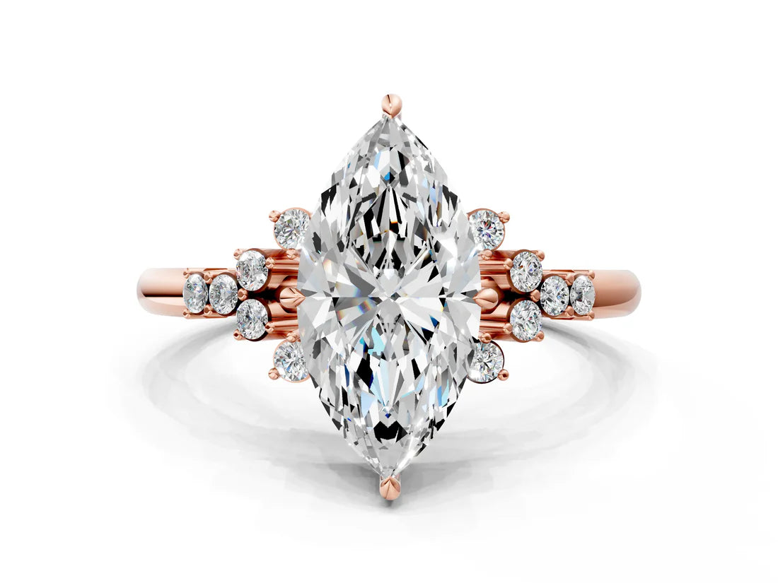 Marquise Cut Lab Diamond Ring with Side Stones and Four-Prong Setting| D VS1