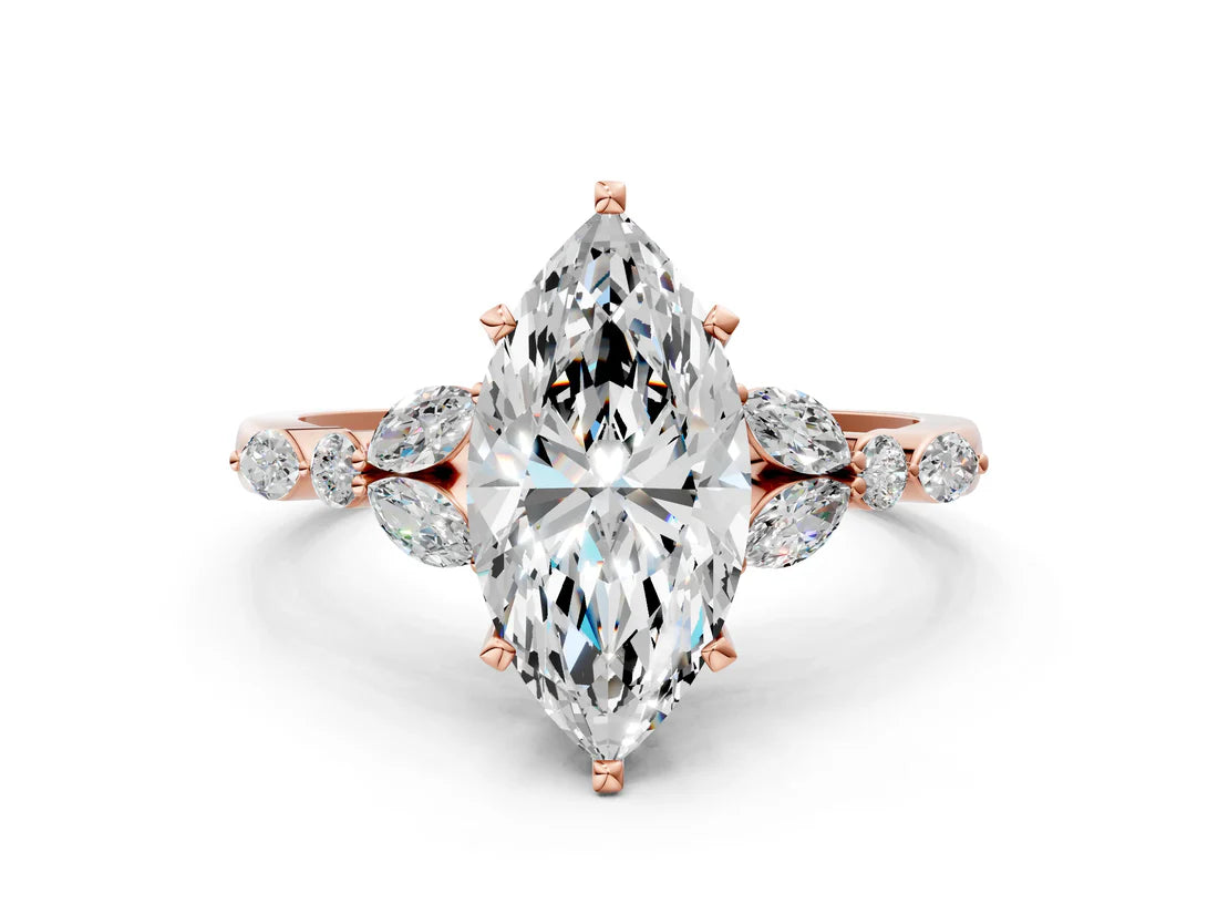 Marquise Cut Lab Diamond Solitaire Ring with Side Stones and Four-Prong Setting| D VS1