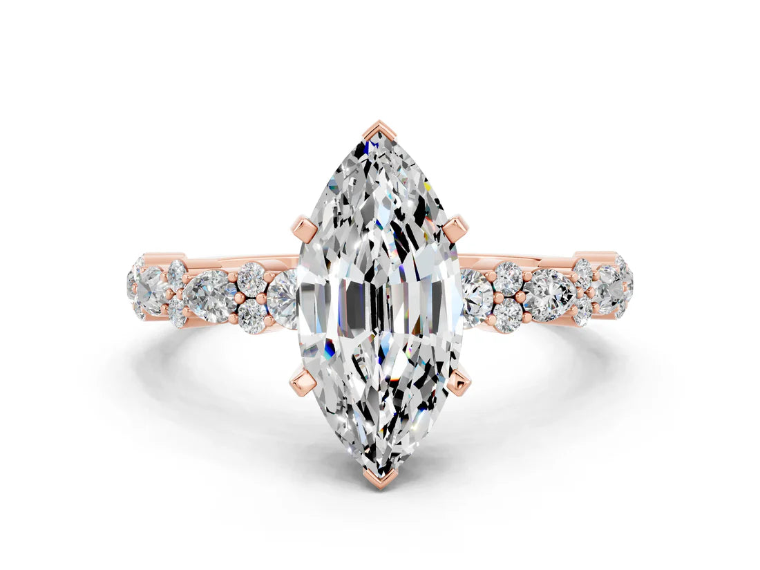 Marquise Cut Lab Diamond Side Stone Solitaire Ring with Round and Four-Prong Setting| D VS1