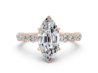 Marquise Cut Lab Diamond Side Stone Solitaire Ring with Round and Four-Prong Setting| D VS1