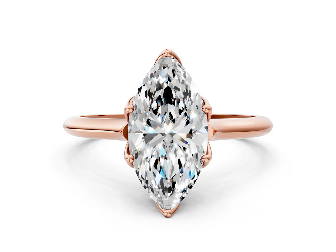 Marquise Cut Lab Diamond Solitaire Ring with Flower Prong Setting and Classic Band| D VS1