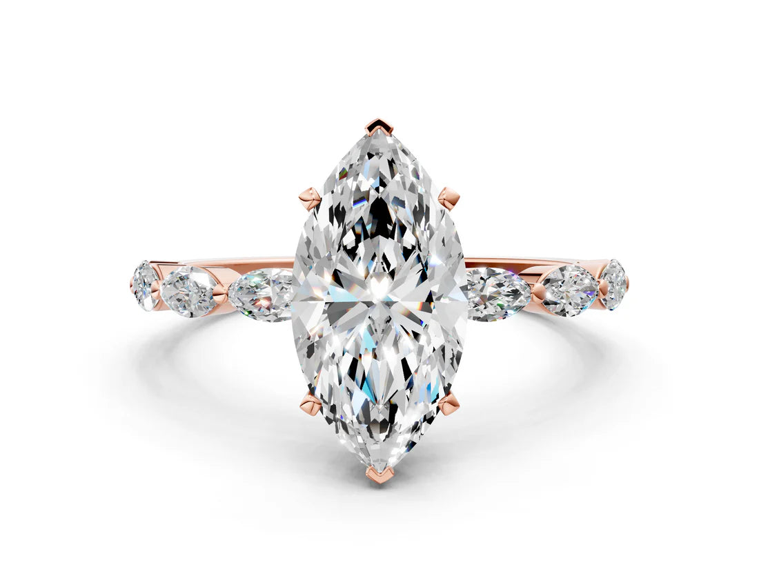 Marquise Cut Lab Diamond Ring with Marquise Side Stones and Prong Setting| D VS1