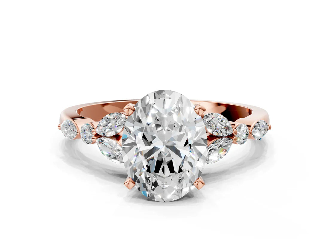 Oval Cut Lab Diamond Solitaire Ring with Side Stones and Four-Prong Setting| D VS1