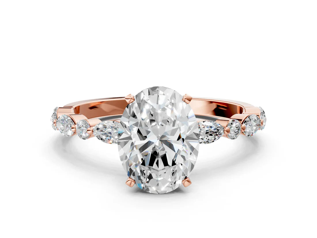 Oval Cut Diamond Ring with Marquise and Round Side Stones and Four-Prong Setting| D VS1