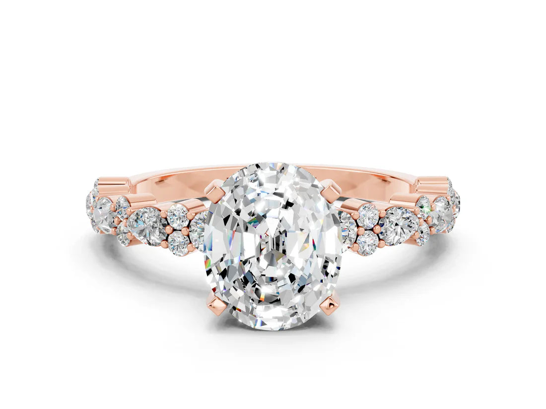 Oval Cut Lab Diamond Side Stone Solitaire Ring with Round and Four-Prong Setting| D VS1