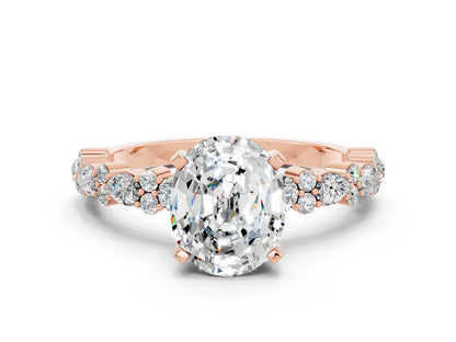 Oval Cut Lab Diamond Side Stone Solitaire Ring with Round and Four-Prong Setting| D VS1