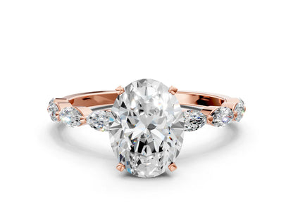 Oval Cut Lab Diamond Ring with Marquise Side Stones and Prong Setting| D VS1