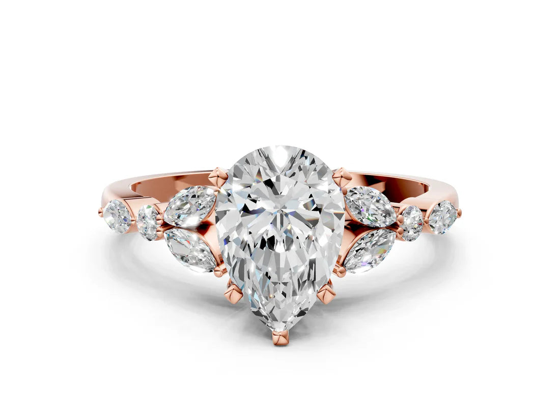 Pear Cut Lab Diamond Solitaire Ring with Side Stones and Four-Prong Setting| D VS1