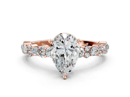 Pear Cut Lab Diamond Side Stone Solitaire Ring with Round and Four-Prong Setting| D VS1