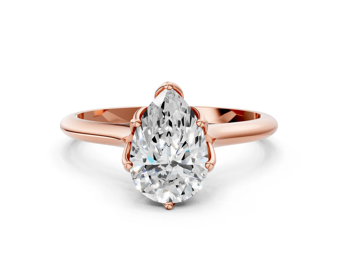 Pear Cut Lab Diamond Solitaire Ring with Flower Prong Setting and Classic Band| D VS1