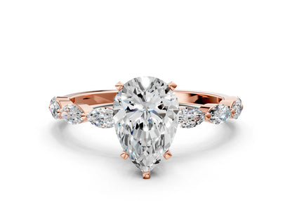 Pear Cut Lab Diamond Ring with Marquise Side Stones and Prong Setting| D VS1
