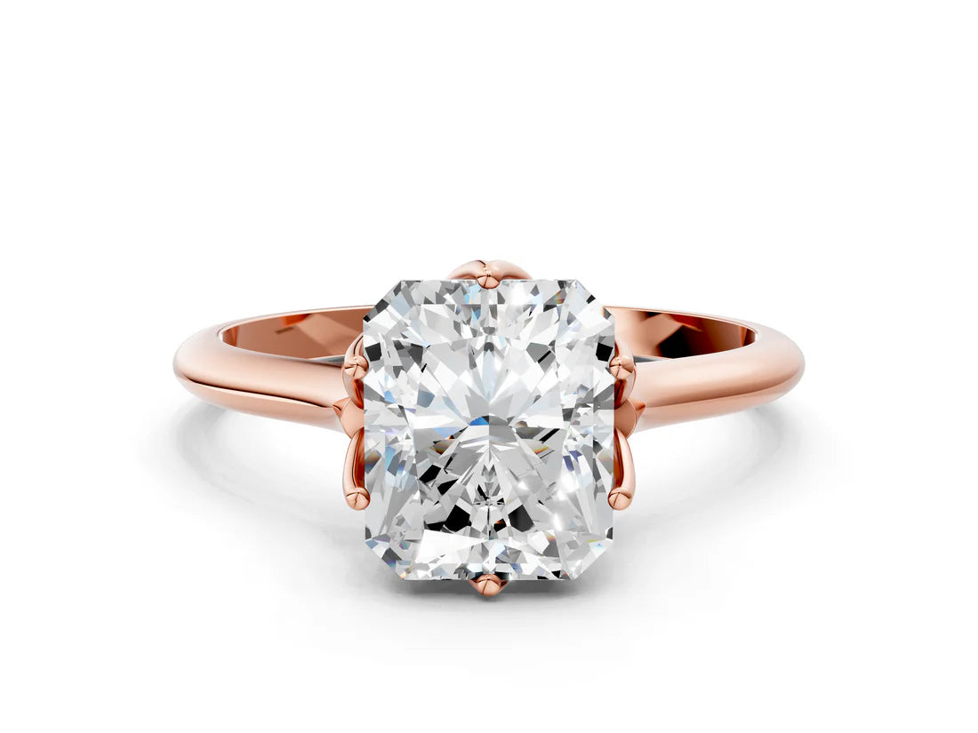 Radiant Cut Lab Diamond Solitaire Ring with Flower Prong Setting and Classic Band| D VS1