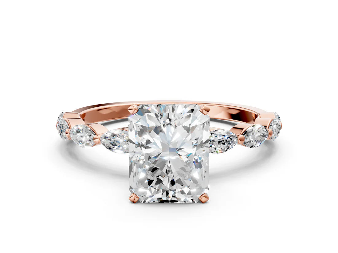 Radiant Cut Lab Diamond Ring with Marquise Side Stones and Prong Setting| D VS1