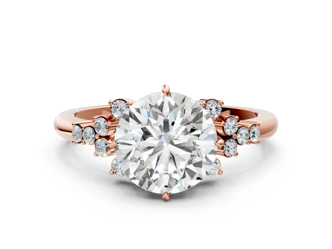Round Cut Lab Diamond Ring with Side Stones and Four-Prong Setting| D VS1