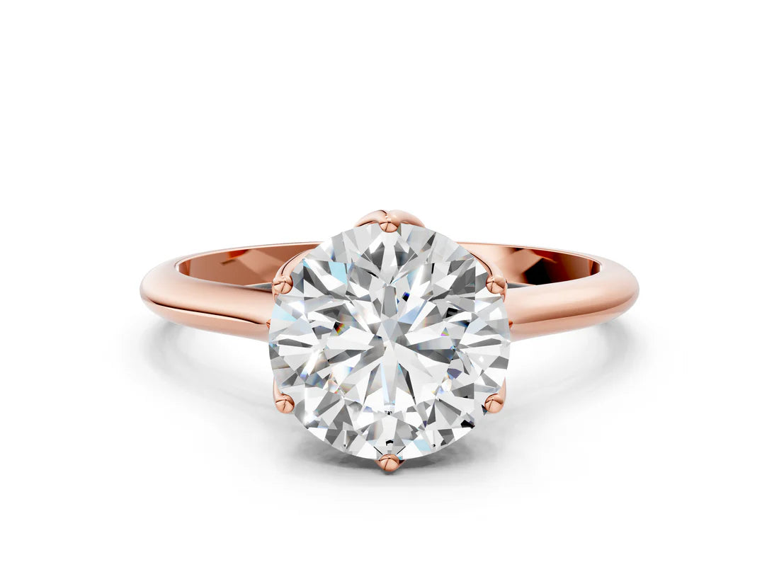 Round Cut Lab Diamond Solitaire Ring with Flower Prong Setting and Classic Band| D VS1