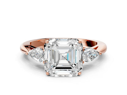 Three-Stone Asscher Cut Lab Diamond Solitaire Ring with Tapered Band and Four-Prong Setting| D VS1
